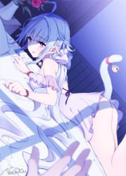 Rule 34 | 1girl, ahoge, ass, bare shoulders, bed sheet, bell, blue hair, blurry, blurry foreground, bow, breasts, cat tail, closed mouth, depth of field, dress, ear piercing, earrings, fingernails, flower, highres, jewelry, jingle bell, looking at viewer, looking to the side, lying, medium breasts, minamoto mamechichi, nail polish, on stomach, original, piercing, pillow, purple nails, red eyes, red flower, sidelocks, signature, smile, solo focus, tail, tail bell, tail ornament, tail raised, tongue, tongue out, vase, white bow, white dress