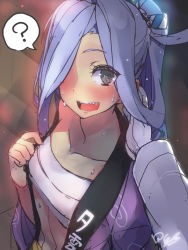 Rule 34 | 10s, 1girl, ?, admiral (kancolle), asashimo (kancolle), blush, collarbone, commentary request, gloves, green eyes, grey hair, hair over one eye, hair ribbon, happi, hidori (hibi toridori), japanese clothes, kantai collection, long hair, long sleeves, looking at viewer, multicolored hair, open mouth, ponytail, pov, ribbon, sarashi, sharp teeth, solo, solo focus, spoken question mark, teeth, wet, white gloves