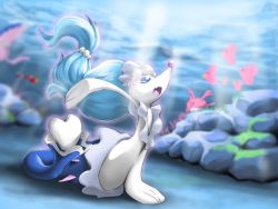 Rule 34 | atu (fuji atu66), blue eyes, blurry, blurry background, carvanha, commentary request, corsola, creatures (company), eyelashes, fangs, game freak, gen 2 pokemon, gen 3 pokemon, gen 7 pokemon, highres, light beam, looking up, luvdisc, mantine, nintendo, open mouth, pokemon, pokemon (creature), primarina, rock, tongue, underwater, water surface