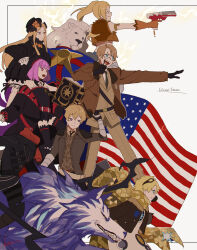 3girls 5boys abigail_williams_(fate) absurdres ahoge america_(hetalia) american_flag animal axis_powers_hetalia billy_the_kid_(fate) black_bow blonde_hair blue_eyes bomber_jacket bow calamity_jane_(fate) coat country_connection crossover dress fate/grand_order fate_(series) furry furry_male glasses gloves goggles goggles_on_head gun hair_bow hat headless helena_blavatsky_(fate) helena_blavatsky_(third_ascension)_(fate) hessian_(fate) highres holding holding_gun holding_weapon jacket kome_043 lion_boy lion_hair lobo_(fate) long_hair long_sleeves multiple_boys multiple_girls necktie open_mouth orange_bow oversized_animal pants purple_eyes purple_hair scarf short_hair side_ponytail smile thomas_edison_(fate) voyager_(third_ascension)_(fate) weapon white_hair wolf yellow_eyes yellow_scarf