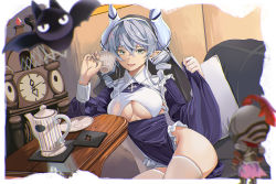Rule 34 | 2girls, absurdres, armor, auguste, breasts, dress, drill hair, duel monster, habit, highres, horns, knight, lovely labrynth of the silver castle, large breasts, long hair, multiple girls, pointy ears, see-through, silver hair, thighhighs, yellow eyes, yu-gi-oh!