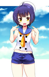 Rule 34 | 1girl, :d, ahoge, bad id, bad pixiv id, bare arms, blue hair, blue sailor collar, blue shorts, blue sky, breasts, commentary, cowboy shot, day, fang, gochuumon wa usagi desu ka?, hair ornament, hat, highres, jouga maya, looking at viewer, midriff, naruse mai, navel, neckerchief, open mouth, outdoors, pocket, sailor collar, sailor hat, shirt, short hair, short shorts, shorts, sky, sleeveless, sleeveless shirt, small breasts, smile, solo, standing, white hat, white shirt, x hair ornament, yellow eyes, yellow neckerchief