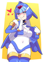 Rule 34 | 1girl, absurdres, blue eyes, blush, bodysuit, breasts, buzzlyears, cropped jacket, female focus, heart (symbol), helmet, highres, jacket, fairy leviathan (mega man), licking lips, looking at viewer, medium breasts, mega man (series), mega man zero (series), open clothes, open jacket, tagme, tongue, tongue out, white bodysuit