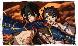 Rule 34 | 2boys, 2girls, :o, black hair, blood, blood on face, blue eyes, blurry, blurry background, brown hair, commentary request, depth of field, fate/grand order, fate (series), frown, fujimaru ritsuka (male), gauntlets, green eyes, hand up, long hair, long sleeves, looking at viewer, mi (pic52pic), multiple boys, multiple girls, open mouth, ponytail, topless male, sweatdrop, tattoo, yan qing (fate)
