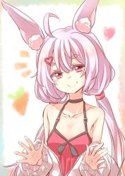 Rule 34 | 1girl, ahoge, animal ear fluff, animal ears, rabbit ears, camisole, choker, hair ornament, hairclip, jacket, long hair, low twintails, off shoulder, pink eyes, pink hair, red camisole, smile, solo, tomari mari, tomari mari channel, twintails, upper body, very long hair, virtual youtuber, waving, white jacket