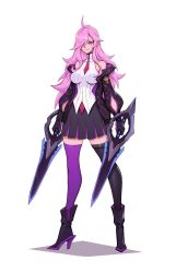 Rule 34 | 1girl, bare shoulders, battle academia katarina, blue eyes, boots, breasts, concept art, hair over one eye, high heel boots, high heels, highres, katarina (league of legends), large breasts, league of legends, long hair, pink hair, sword, thighhighs, weapon