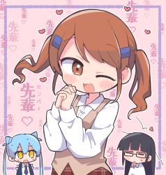 Rule 34 | 3girls, :3, = =, black hair, blue hair, blue jacket, blunt bangs, blush, brown eyes, brown hair, brown vest, chibi, chibi inset, collared shirt, commentary request, cone hair bun, death merumeru, double bun, dress shirt, fang, glasses, hair bun, hair ornament, hairclip, hands up, heart, highres, inukai mirai, jacket, long hair, looking at viewer, multiple girls, necktie, nervous sweating, no pupils, one eye closed, open mouth, own hands clasped, own hands together, pink background, pixelated, purple necktie, richard (richaball), ringlets, shinigami dot com, shirt, skin fang, smile, solo focus, sweat, toukyou tama, translation request, twintails, vest, white shirt, yellow eyes