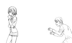 Rule 34 | 1boy, 1girl, amagami, animated, animated gif, flying kick, formal, kicking, miniskirt, monochrome, nanasaki ai, shaded face, simple background, skirt, suit, sweat, tachibana jun&#039;ichi, yoshida hajime (sabo666)