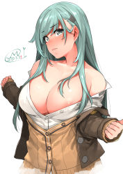 Rule 34 | 1girl, aqua eyes, aqua hair, blazer, blush, breasts, brown jacket, cleavage, closed mouth, dated, happa (cloverppd), highres, huge breasts, jacket, kantai collection, lips, long hair, nipple slip, nipples, no bra, off shoulder, open clothes, shirt, signature, simple background, solo, suzuya (kancolle), upper body, white background, white shirt