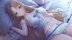 Rule 34 | 1girl, aya (lezon), blue bow, blush, bow, breasts, brown eyes, brown hair, clothes lift, commentary request, cowboy shot, highres, large breasts, lifting own clothes, long hair, looking at viewer, lying, midriff, navel, nijisanji, on back, on bed, pajamas, parted bangs, parted lips, pillow, shirt, shirt lift, shorts, sister claire, sister claire (7th costume), solo, underwear, underwear only, very long hair, virtual youtuber, white footwear, white pajamas, white shirt, white shorts
