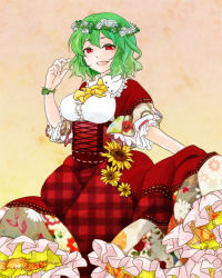 Rule 34 | 1girl, adapted costume, arm up, ascot, bodice, breasts, capelet, clover, colored eyelashes, daico, flower, flower bracelet, four-leaf clover, frilled skirt, frills, gradient background, green hair, head wreath, kazami yuuka, looking at viewer, open mouth, plaid, plaid skirt, red eyes, short hair, short sleeves, skirt, skirt hold, solo, sunflower, touhou