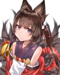 Rule 34 | 1girl, absurdres, amagi-chan (azur lane), animal ears, azur lane, black hair, blunt bangs, blurry, brown hair, commentary request, depth of field, eyes visible through hair, fox ears, fox girl, fox tail, from above, hair ribbon, highres, japanese clothes, kimono, kitsune, kyuubi, long hair, looking at viewer, looking up, manjuu (azur lane), multiple tails, off shoulder, purple eyes, ribbon, rope, sakuramochi (kasute ra), shimenawa, sidelocks, simple background, solo, tail, thick eyebrows, twintails