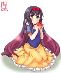 Rule 34 | 1girl, alternate costume, apple, artist logo, black hair, blush, bow, collarbone, cosplay, dated, dress, food, frilled dress, frills, fruit, full body, gradient hair, green eyes, hair between eyes, hair bow, highres, kanon (kurogane knights), kantai collection, long hair, looking at viewer, matsuwa (kancolle), multicolored hair, puffy sleeves, purple hair, revision, short sleeves, signature, simple background, smile, snow white (disney), snow white (disney) (cosplay), snow white and the seven dwarfs, solo, white background