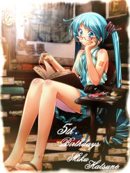 Rule 34 | 1girl, absurdres, anklet, aqua eyes, aqua hair, bespectacled, blush, book, feet, food, glasses, happy birthday, hatsune miku, head rest, highres, jewelry, long hair, mouth hold, open book, pocky, reading, red-framed eyewear, sandals, shizuki shuuya, sitting, skirt, solo, toes, twintails, very long hair, vocaloid