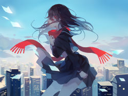 Rule 34 | 1girl, absurdres, brown hair, city, cloud, cloudy sky, day, expressionless, floating hair, hair ornament, hairclip, highres, kagerou project, long hair, nanz match, paper, red eyes, red scarf, scarf, skirt, sky, solo, tateyama ayano, uniform