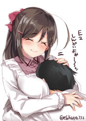 Rule 34 | 1boy, 1girl, admiral (kancolle), ahoge, apron, between breasts, black hair, blush, breast press, breasts, brown hair, closed eyes, closed mouth, ebifurya, hair ornament, hair ribbon, hairclip, headpat, highres, kantai collection, kappougi, large breasts, long hair, long sleeves, mamiya (kancolle), one-hour drawing challenge, ponytail, ribbon, simple background, smile, translation request, twitter username, upper body, white background