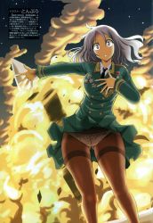 Rule 34 | 1girl, :o, ahoge, badge, blue eyes, brown pantyhose, buttons, crotch seam, double-breasted, explosion, gender request, genderswap, green skirt, grey hair, hand on own chest, highres, long hair, long sleeves, mc axis, military, military uniform, mitrofan ivanovich nedelin, mitrofan nedelin, necktie, night, night sky, non-web source, open mouth, original, outdoors, outstretched arm, panties, panties under pantyhose, pantyhose, pantyshot, purple eyes, real life, rocket, russia, russian text, skirt, sky, smoke, solo, soviet, soviet army, standing, star (sky), star (symbol), text focus, thighband pantyhose, tonpuu, underwear, uniform, upskirt, white panties, wide-eyed, wide hips