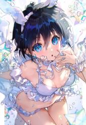 Rule 34 | 1girl, :o, babydoll, black hair, blue eyes, blush, breasts, cleavage, collarbone, crystal, detached sleeves, genderswap, genderswap (mtf), hair between eyes, hairband, hand on own face, highres, houshin engi, looking at viewer, mimoza (96mimo414), navel, neck ribbon, open mouth, panties, ribbon, short hair, short sleeves, small breasts, solo, taikoubou, thigh gap, underwear, underwear only, water drop, white hairband, white panties, white ribbon, wrist cuffs