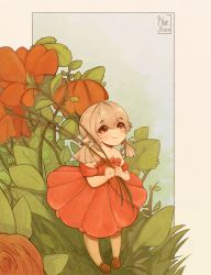 Rule 34 | 1girl, absurdres, alternate costume, artist name, blonde hair, blue background, blue picmi, blush, border, bush, child, commentary, dress, english commentary, feet together, flower, genshin impact, highres, holding, holding flower, klee (genshin impact), leaf, mary janes, no headwear, no headwear, pigeon-toed, red dress, red eyes, red flower, red footwear, rose, shoes, short hair, short twintails, sleeveless, sleeveless dress, smile, solo, strapless, strapless dress, tareme, twintails, white background, white border
