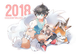 Rule 34 | 1boy, aqua tank top, artist name, black hair, cocoloco, collarbone, commentary request, creatures (company), crossed legs, dated, elio (pokemon), evolutionary line, game freak, gen 7 pokemon, green eyes, headpat, lycanroc, lycanroc (dusk), nintendo, open mouth, pokemon, pokemon (creature), pokemon usum, red footwear, rockruff, shoes, sitting, sleeping, tank top, tongue, white background