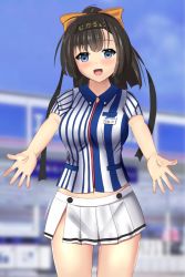 Rule 34 | 10s, 1girl, :d, akizuki (kancolle), bad id, bad pixiv id, black hair, blue eyes, bow, breasts, employee uniform, hachimaki, hair bow, headband, kantai collection, large breasts, lawson, long hair, looking at viewer, midriff, name tag, navel, open mouth, outstretched arms, pleated skirt, ponytail, shirt, skirt, smile, solo, striped clothes, striped shirt, tomohiro (duo), uniform, vertical-striped clothes, vertical-striped shirt, white skirt, wing collar