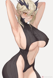 Rule 34 | 1girl, armpits, arms behind head, arms up, artoria pendragon (fate), artoria pendragon (lancer alter) (fate), bare shoulders, black bodysuit, blonde hair, bodysuit, braid, breasts, center opening, covered erect nipples, fate/grand order, fate (series), french braid, hair between eyes, highres, horns, large breasts, long hair, looking at viewer, lsls, navel, revealing clothes, ribbed bodysuit, sideboob, sidelocks, sleeveless, solo, thighs, underboob, yellow eyes