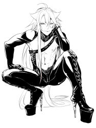 Rule 34 | 10s, 1boy, boots, full body, gloves, greyscale, high heel boots, high heels, kogitsunemaru, long hair, looking at viewer, male focus, monochrome, navel, nipples, simple background, solo, squatting, touken ranbu, very long hair, white background, zuwai kani