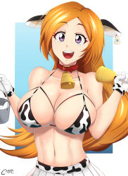 Rule 34 | 1girl, absurdres, animal ears, animal print, bell, bikini, bleach, breasts, bucket, castell, cow ears, cow girl, cow print, fake animal ears, gloves, highres, holding, holding bucket, inoue orihime, large breasts, navel, neck bell, open mouth, orange hair, pleated skirt, purple eyes, signature, skirt, solo, swimsuit