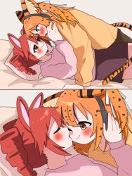 2girls a.i._voice adachi_rei alternate_costume animal_ears blush cat_ears cat_girl cat_tail closed_eyes closed_mouth eye_contact face-to-face highres kasane_teto kemonomimi_mode long_sleeves looking_at_another lying multiple_girls on_bed one_eye_closed open_mouth orange_eyes orange_hair orange_sweater patterned_hair pink_sweater rabbit_ears rabbit_girl red_eyes red_hair shorts smile sweater tail utau vvv_fnk yuri