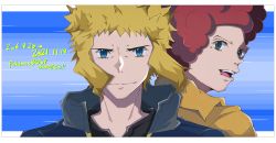 Rule 34 | 2boys, afro, blonde hair, blue background, blue jacket, collar, creatures (company), dated, eth, flint (pokemon), game freak, highres, jacket, looking at viewer, multiple boys, nintendo, open mouth, pokemon, pokemon dppt, red hair, shirt, short hair, smile, spiked hair, teeth, upper body, upper teeth only, volkner (pokemon), yellow shirt