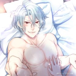 Rule 34 | 1boy, blush, collarbone, female pov, grabbing, grin, implied sex, looking at viewer, lying, male focus, no nipples, official art, on back, pectoral grab, pectorals, pov, red eyes, ryukiri1, silver hair, smile, solo focus, sweat, upper body