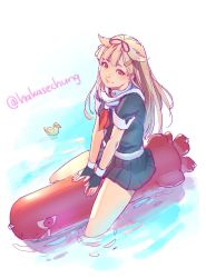 Rule 34 | 1girl, bird, black gloves, black serafuku, blonde hair, blue shirt, blue skirt, closed mouth, commentary request, duck, fingerless gloves, gloves, hair ornament, hair ribbon, hairclip, highres, inflatable toy, kantai collection, long hair, looking at viewer, looking up, neckerchief, one-hour drawing challenge, pleated skirt, red eyes, red neckerchief, ribbon, ripples, school uniform, serafuku, shirt, short sleeves, skirt, smile, soaking feet, solo, timbougami, torpedo, twitter username, water surface, yuudachi (kancolle), yuudachi kai ni (kancolle)