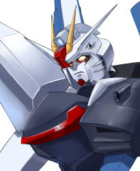 Rule 34 | absurdres, close-up, commentary, cosmikaizer, english commentary, freedom gundam, gundam, gundam seed, highres, looking down, mecha, no humans, parody, redesign, robot, solo, style parody, v-fin, white background, yellow eyes, yuusha series