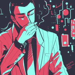 Rule 34 | 1boy, blazer, cigarette, closed eyes, collared shirt, commentary request, cuff links, dated, formal, gin to kin, highres, holding, holding cigarette, jacket, limited palette, long hair, long sleeves, low ponytail, male focus, morita tetsuo, necktie, pinstripe pattern, pinstripe suit, shirt, smoke, smoking, solo, striped, suit, unknown03162, upper body