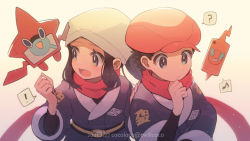 Rule 34 | !, 1boy, 1girl, ?, akari (pokemon), black hair, clenched hand, cocoloco, commentary request, creatures (company), dated, eyelashes, floating scarf, game freak, gen 4 pokemon, hand on own chin, hand up, looking to the side, musical note, nintendo, open mouth, pokemon, pokemon (creature), pokemon legends: arceus, red scarf, rei (pokemon), rotom, rotom dex, rotom phone, sash, scarf, short hair, sidelocks, spiked hair, spoken exclamation mark, spoken musical note, spoken question mark, stroking own chin, tongue, undershirt, watermark
