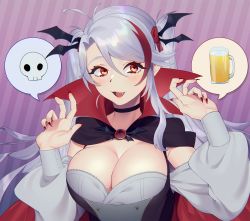 Rule 34 | 1girl, azur lane, black choker, breasts, cape, capelet, choker, cleavage, cloak, fang, hair between eyes, hair ornament, halloween, highres, large breasts, long hair, maitei roppa, multicolored hair, nail polish, prinz eugen (azur lane), red cape, red eyes, red hair, silver hair, simple background, solo, streaked hair, twintails, upper body