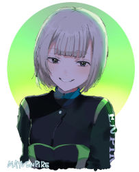 Rule 34 | 1girl, bad id, bad pixiv id, black eyes, black jacket, cropped torso, green background, grey hair, grin, highres, jacket, kayanogura, looking at viewer, original, short hair, smile, solo, two-tone background, upper body, white background