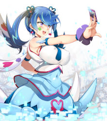 Rule 34 | 1girl, :d, aburidashi zakuro, alternate breast size, armlet, armpit peek, bare shoulders, between fingers, blue angel, blue hair, blue necktie, blue ribbon, blue shirt, blue skirt, blush, breasts, card, clover, covered erect nipples, covered navel, crop top, earrings, facial tattoo, four-leaf clover, hair ornament, hair ribbon, heart, heart earrings, holding, holding card, jewelry, large breasts, long hair, looking away, multicolored hair, necktie, open mouth, outstretched arm, purple eyes, rectangle, ribbon, shiny clothes, shiny skin, shirt, skirt, sleeveless, sleeveless shirt, smile, solo, standing, streaked hair, tattoo, taut clothes, taut shirt, trickstar reincarnation, twintails, white background, white shirt, white wings, wings, wristband, yu-gi-oh!, yu-gi-oh! vrains, yuu-gi-ou, yuu-gi-ou vrains, zaizen aoi