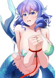 Rule 34 | 1girl, absurdres, bare shoulders, blue eyes, blue hair, blush, bound, bound arms, breasts, drill hair, fins, fish tail, head fins, highres, large breasts, looking at viewer, mermaid, monster girl, red rope, rope, scared, solo, tail, touhou, urizaku3, wakasagihime, wavy hair, white background