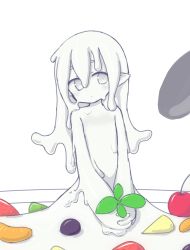 Rule 34 | 1girl, cherry, closed mouth, colored skin, completely nude, curss, dot mouth, dot nose, flat chest, food, fruit, grey eyes, highres, holding, looking at viewer, monster girl, nude, original, pointy ears, simple background, slime girl, solo, spoon, v arms, white background, white hair, white skin, yogurt