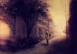 Rule 34 | 1boy, bad id, bad pixiv id, bicycle, black hair, building, coat, hands in pockets, house, jw (pixiv), male focus, original, outdoors, pants, power lines, road, road sign, sepia, sign, signpost, sky, solo, standing, sunset, tree