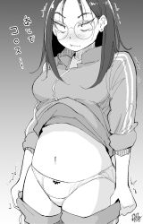 Rule 34 | 1girl, absurdres, blush, breasts, dated, earrings, embarrassed, fang, glasses, gradient background, greyscale, hadashi no kenji, highres, jacket, jewelry, long hair, medium breasts, midriff, monochrome, navel, original, panties, plump, solo, stud earrings, track jacket, translation request, underwear, undressing