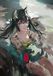 Rule 34 | 1girl, 2022, absurdres, animal ears, black eyes, black hair, blurry, chinese zodiac, commentary, ear ornament, fang, feet out of frame, hair between eyes, hand tattoo, hand up, highres, long hair, looking at viewer, new year, open mouth, original, petals, skin fang, solo, tattoo, teeth, tiger ears, tiger stripes, year of the tiger, zygocactus