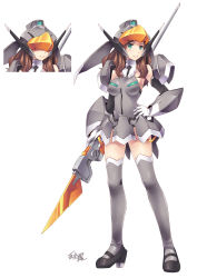 Rule 34 | 10s, 1girl, alternate breast size, aqua eyes, black footwear, breasts, brown hair, darling in the franxx, full body, gloves, grey thighhighs, hand on own hip, helmet, high heels, highres, holding, holding polearm, holding weapon, long hair, medium breasts, nana (darling in the franxx), polearm, simelu, smile, thighhighs, weapon, white gloves