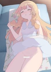 Rule 34 | 1girl, bar censor, bare arms, blonde hair, blush, braid, censored, closed eyes, collarbone, commentary request, couch, creatures (company), dress, eyelashes, female pubic hair, floral print, from above, game freak, hand up, indoors, lillie (pokemon), long hair, lying, nintendo, no panties, on back, on couch, parted lips, pokemon, pokemon sm, pubic hair, samidare (hoshi), sleeping, sleeveless, sleeveless dress, solo, twin braids