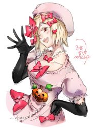 Rule 34 | 1girl, blonde hair, bow, dress, elbow gloves, gloves, hair bow, hand on own hip, hat, highres, jewelry, lambdadelta, looking at viewer, one eye closed, open mouth, pink dress, pink hat, puffy short sleeves, puffy sleeves, pumpkin, short sleeves, sofy, solo, umineko no naku koro ni, waving, wink