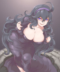 Rule 34 | 1girl, @ @, alternate breast size, black hair, breasts, bursting breasts, cleavage, clothes pull, collarbone, covered erect nipples, cowboy shot, creatures (company), downblouse, dress, dress pull, fingernails, floor, game freak, gradient background, grey background, hairband, hands up, hex maniac (pokemon), highres, hip focus, kous (onetwojustice), large breasts, leaning forward, long hair, long sleeves, looking at viewer, nail polish, nintendo, no bra, npc trainer, parted lips, pokemon, pokemon xy, purple dress, purple eyes, seductive smile, smile, solo, standing, sweatdrop, very long hair