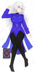 Rule 34 | 1girl, absurdres, black pantyhose, blue dress, book, breasts, buttons, commission, cosplay, dakimakura (medium), double-breasted, dress, fingernails, full body, hair between eyes, highres, knees together feet apart, large breasts, long hair, long sleeves, looking at viewer, lying, margaret (persona), margaret (persona) (cosplay), nail polish, on back, pantyhose, persona, persona 4, purple eyes, smile, solo, white hair, white nails, yoako