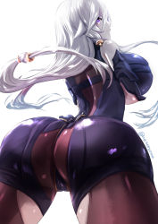 Rule 34 | 1girl, ass, ass cutout, atelier (series), atelier ryza, atelier ryza 1, bare shoulders, bodysuit, breasts, cameltoe, clothing cutout, cowboy shot, elbow gloves, floating hair, from behind, gloves, hair ornament, hairclip, highres, huge breasts, lila decyrus, long hair, looking at viewer, looking back, low twintails, purple eyes, silver hair, simple background, solo, twintails, twitter username, uenoryoma, very long hair, white background