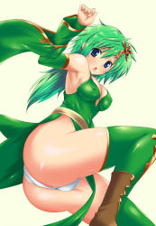 Rule 34 | 1990s (style), 1girl, armpits, ass, blue eyes, boots, breasts, brown footwear, cleavage, covered erect nipples, detached sleeves, final fantasy, final fantasy iv, green hair, green thighhighs, hair ornament, highres, huge ass, leg up, legs, long legs, nishiumi yuuta, aged up, panties, pantyshot, retro artstyle, rydia (ff4), solo, thighhighs, thighs, underwear, upskirt, white panties